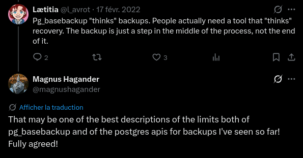 Tweet exchange between Lætitia Avrot and Magnus Hagander about pg_basebackup